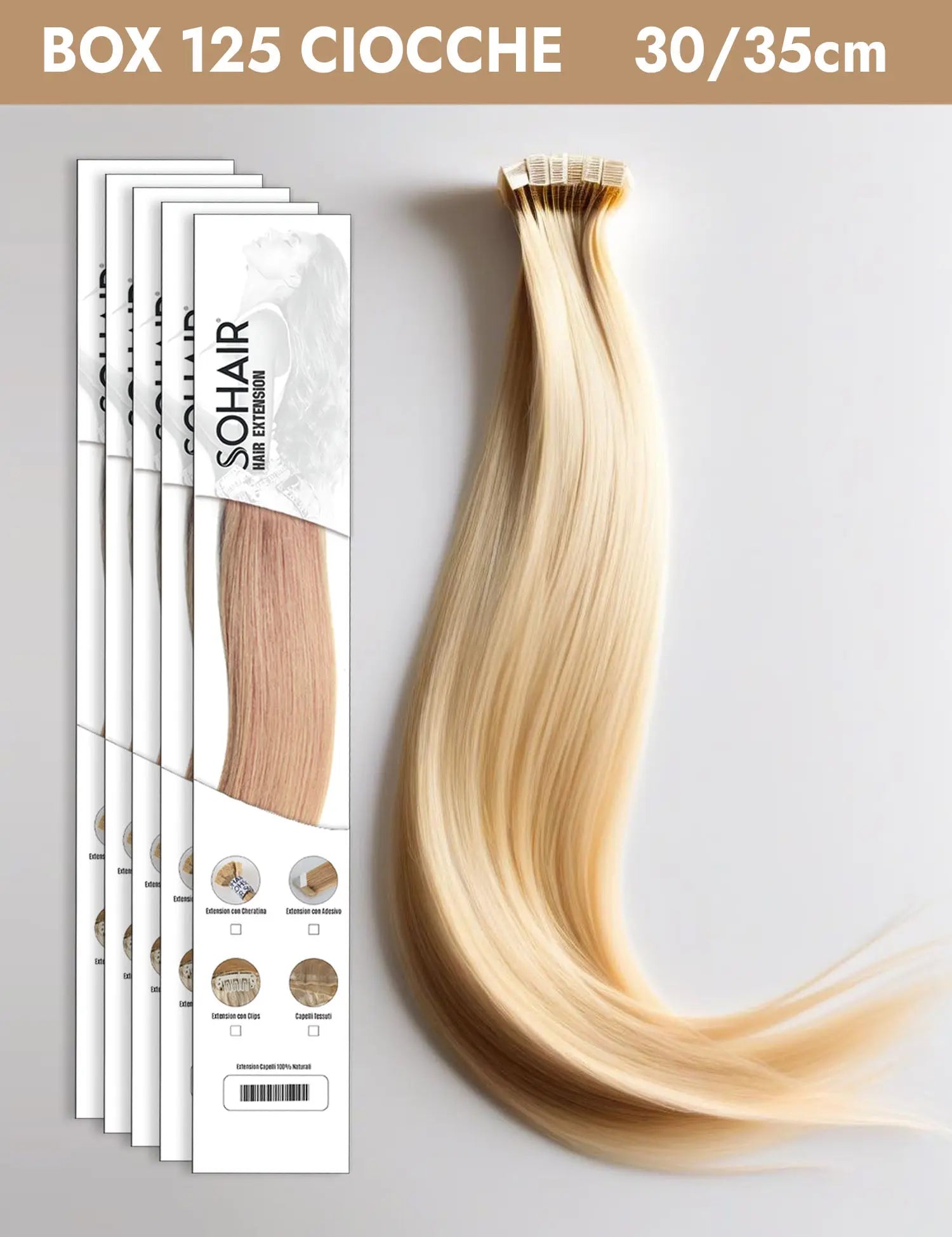 Box Hair Extension Cheratina 125 Ciocche Capelli Naturali Sohair 30-35cm